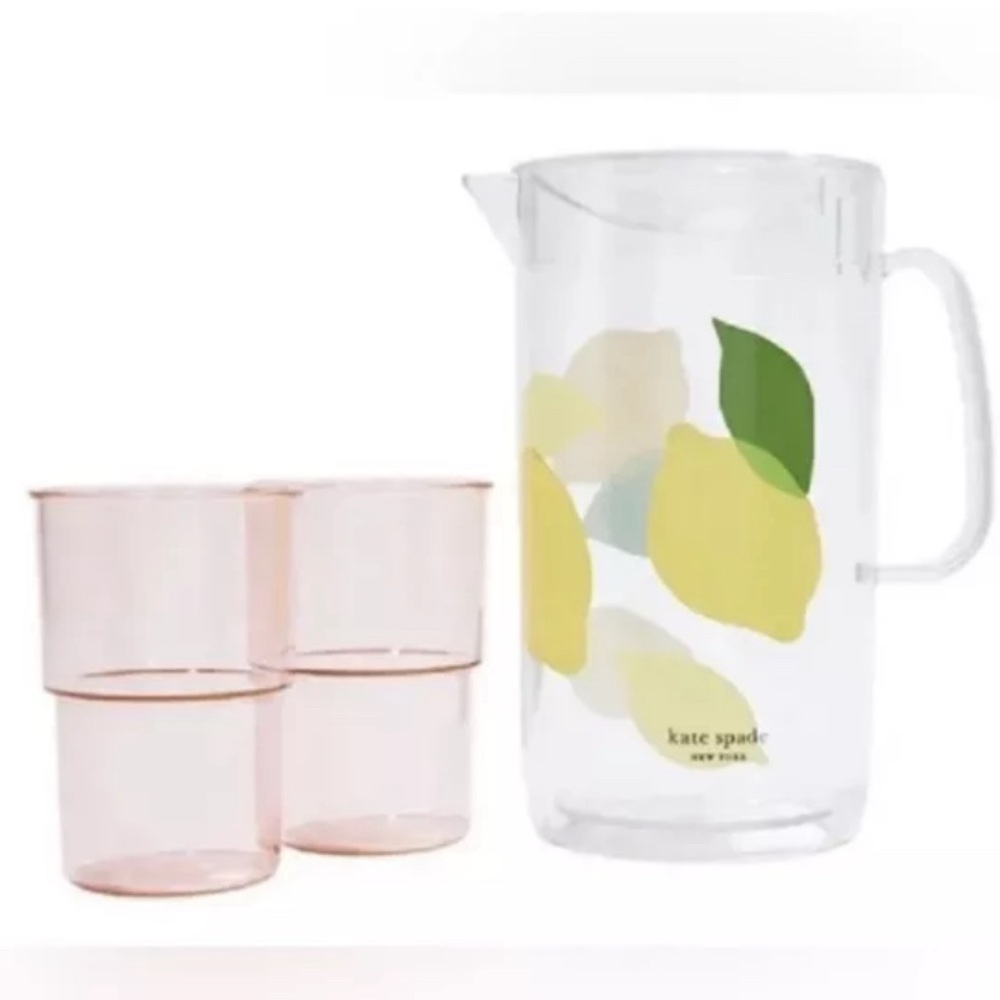 Kate Spade Lemon Pitcher 58 oz & 2 Stackable 12 oz Tumblers Acrylic Set